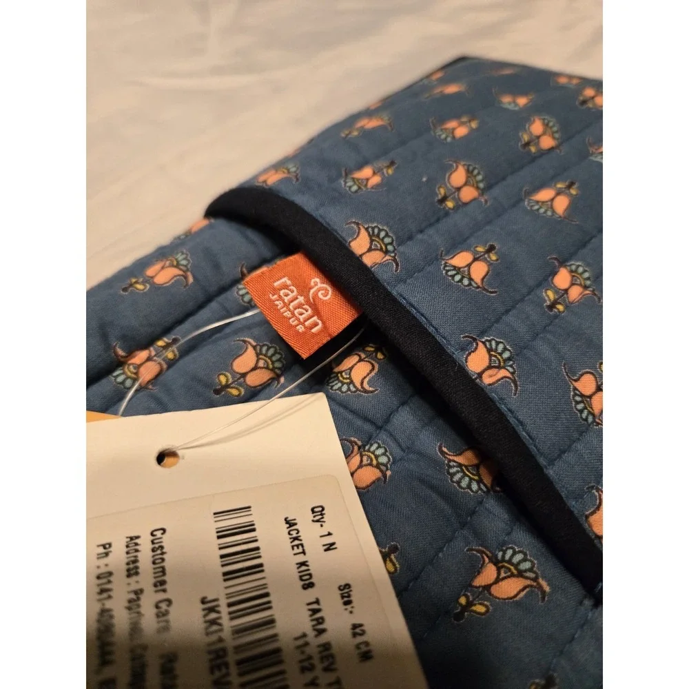 Ratan Jaipur Handmade Reversible Quilted Vest Cotton 11Y Blue Coral India Pocket